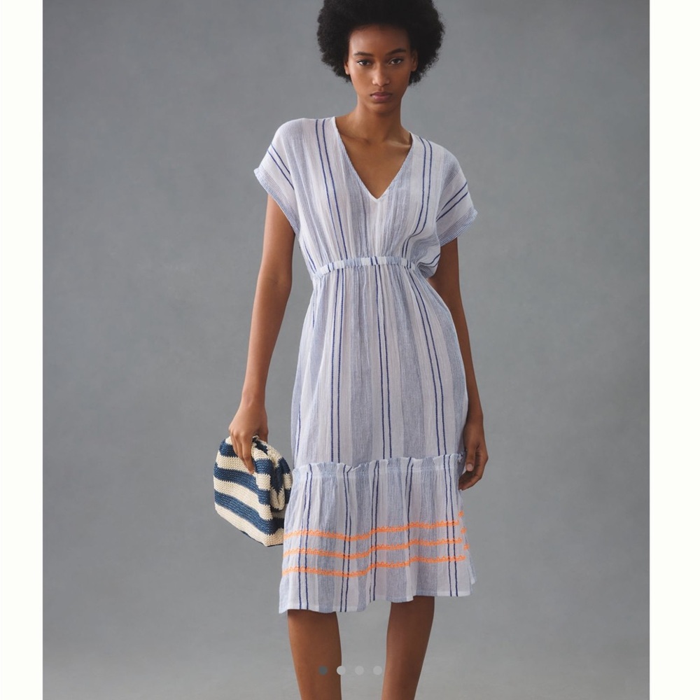 Anthropologie Light Blue & White Striped V‑Neck Maxi Dress with Orange Trim